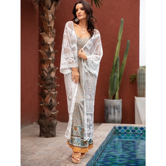 White Lace Boho Coverup Long Kimono - Picture 6 of 10